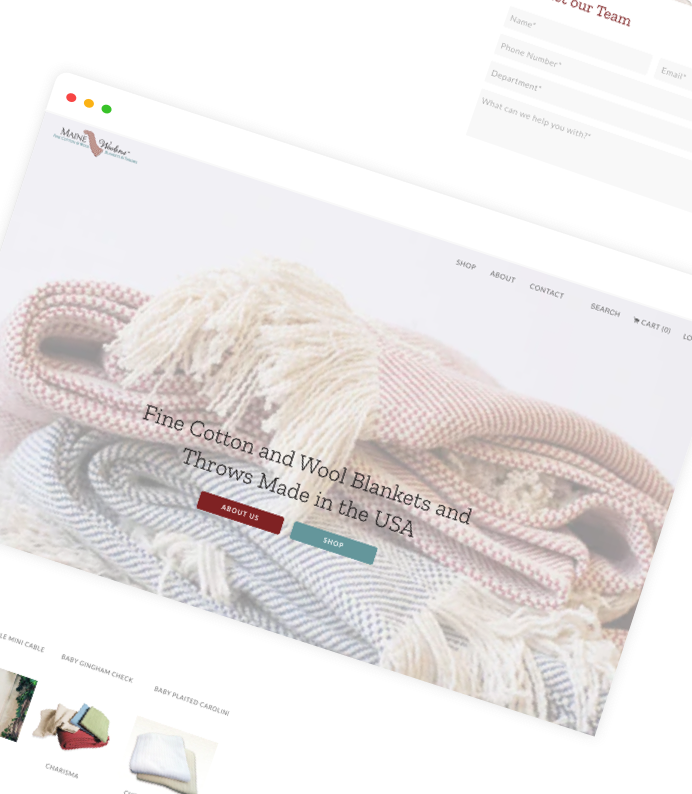 User interface examples of the Maine Woolens Shopify webiste